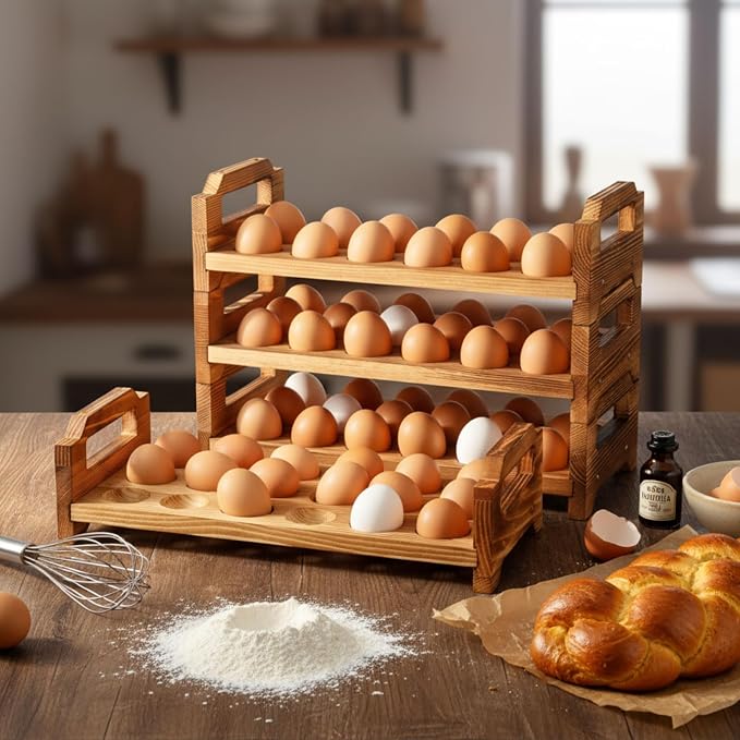 Reallnaive 4 Tier Wooden Egg Holder for Countertop, Pine Stackable Fresh Egg Storage Farmhouse Collecting Rack for Gathering Kitchen Organizer Duck Eggs Display, Stackable with 72 Eggs(Brown) - Image 4