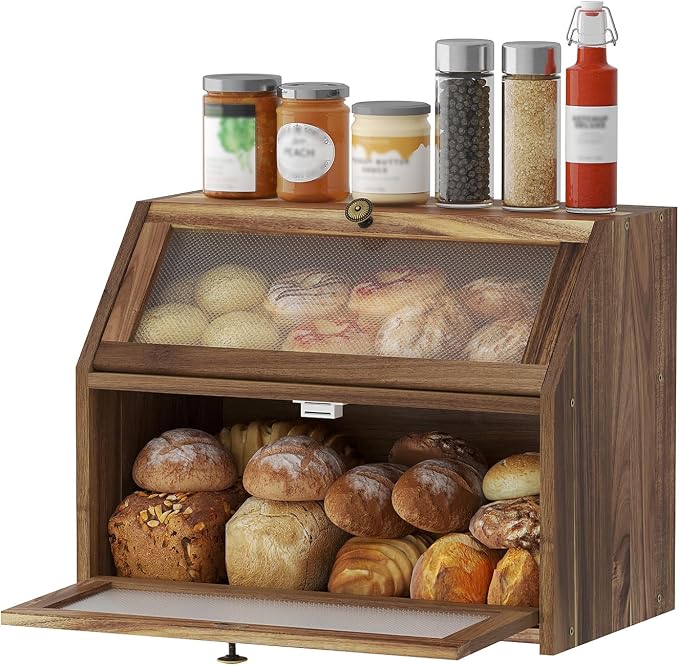 STDDRE Bread Box for Kitchen Countertop Large Double-Layer Wooden Corner Bread Box Farmhouse Bread Storage Bin Acacia Wood (Brown, Large) by LifeTakesaDifferentTurn