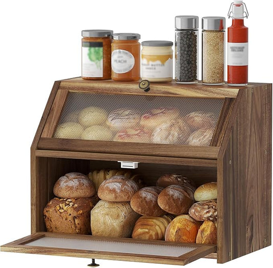 STDDRE Bread Box for Kitchen Countertop Large Double-Layer Wooden Corner Bread Box Farmhouse Bread Storage Bin Acacia Wood (Brown, Large) by LifeTakesaDifferentTurn
