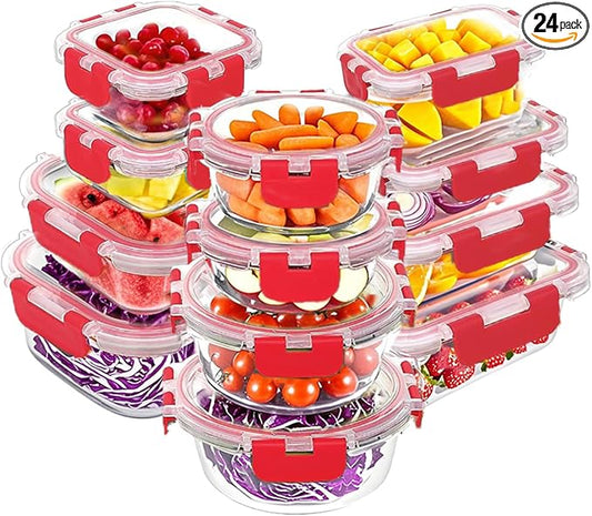 VERONES 12 Packs Glass Food Storage Containers Set with Lids, Red | Airtight Glass Lunch Containers, Glass Meal Prep Containers with Lids, for Microwave, Oven, Freezer & Dishwasher Friendly by VERONES