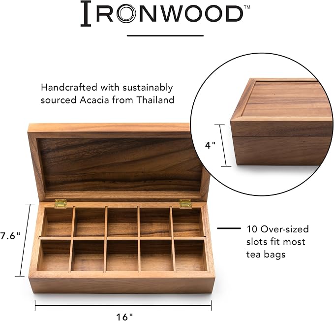 Ironwood Gourmet Acacia Wood Tea Box, 10 Compartment XL Tea Chest | Store & Display Tea Bag Collections | Beautiful Acacia Wood Tea Storage Box With Lid | Great For Jewelry and Arts & Crafts - Image 4
