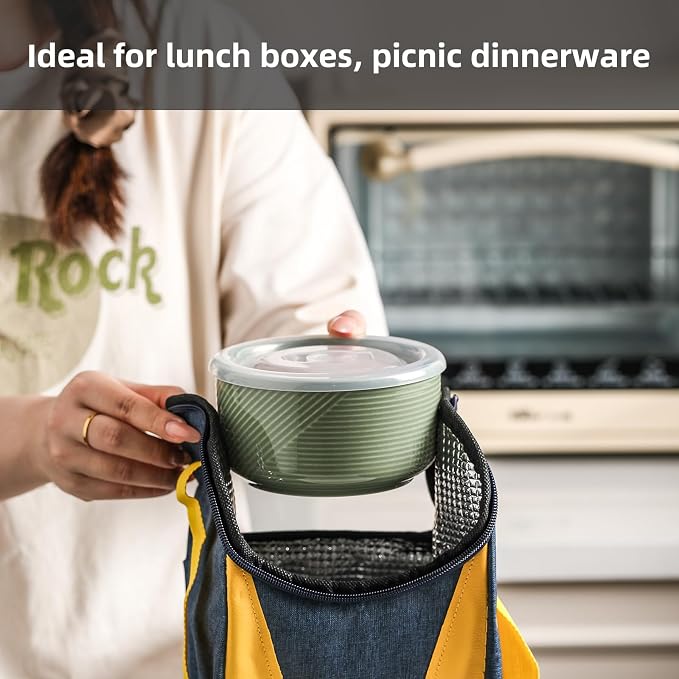 Ceramic Nesting Bowls with Lid, Microwave Safe, Set of 4, Green | Food Storage Containers for Work Lunch Picnic Camping Meal Prep Soup Salad Cereal Leftovers - 5 & 6 Inch, 20 & 32 oz - Image 5