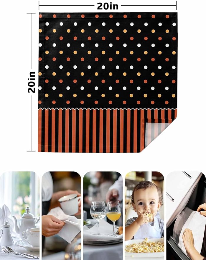 Halloween Cloth Napkins 20x20in Orange Black Striped Washable Soft Dinner Napkins Polka Dot Table Napkin Cloth for Hotel, Holiday, Dinner, Parties Table Decorations Set of 6 - Image 7