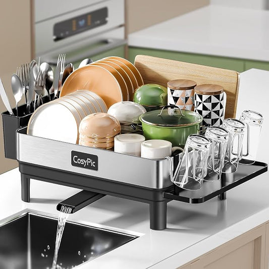 Dish Racks, Thicker Premium 304 Stainless Steel Dish Drying Rack for Kitchen Counter, Automatic Drainage Spout, Dish Drainer & Drainboard Set with Utensil Holder and Cup Holder, Black by CosyPic