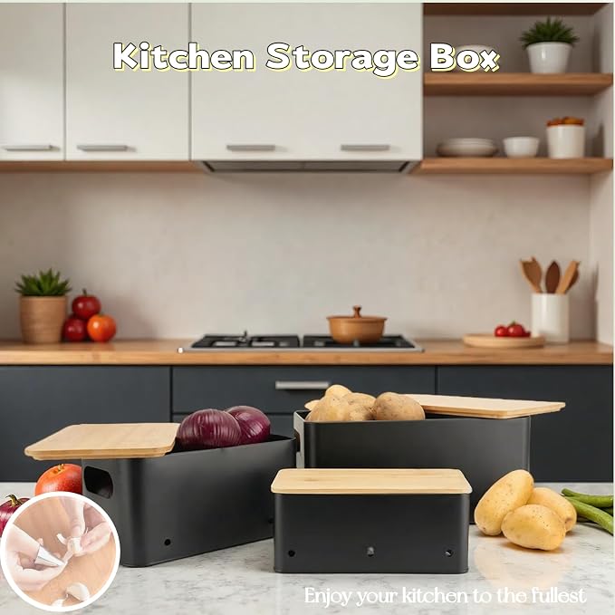 Modern kitchen storage container, stacked metal storage box, 3-piece set with wooden lid design, onion, garlic, potato metal cans, breathable storage box (Black) - Image 3