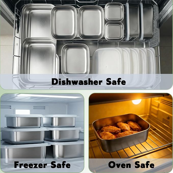 15 Pcs Stainless Steel Food Containers with Snack & Sauce Containers, 304-Grade Airtight Reusable Stackable Container for Kitchen Storage & Meal Prep & Lunch Box - Oven, Freezer, Dishwasher Safe - Image 6