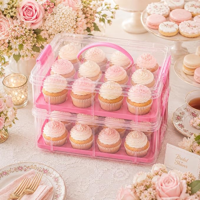 Cupcake Carrier Stackable Storage Container Collapsible Cake Carrier with Lid and Handle, with 50 PCS Cupcake liners,Reusable Plastic Dessert Travel Container,Transport Box (24 Cupcakes Pink) - Image 5