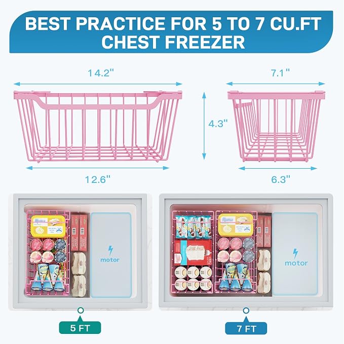 SUNALLY Freezer Organizer Bins, 8 Pack Stackable Pantry Storage Bins, Pink | Chest Freezer Organizer for 5-7 Cu.FT Deep Freezer to Sort Frozen Meats & Food, Wire Baskets for Pantry Organizers & Storage - Image 2