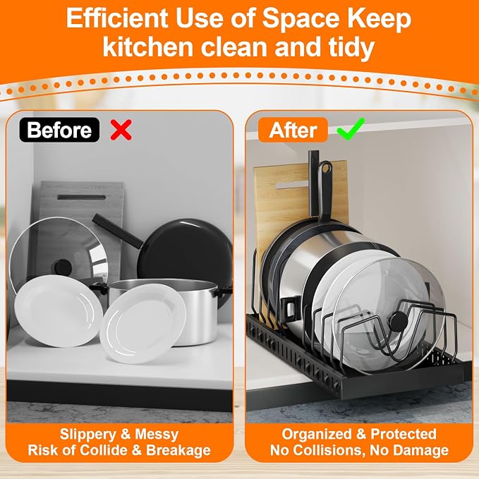 FLSEPAMB Expandable Pots and Pans Organizer Sliding Pull in Kitchen Cabinet | 1 Pack Cabinet Pull Out Shelves, for Pots, Lids and Pan Organizer with Two Types of Shelves - Image 2