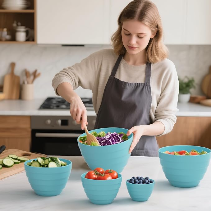 TP Mixing Bowls with Lids, 10-Piece Nesting Melamine Bowls Set for Prepping Serving Baking Cooking, Non Slip Bottom, Set of 5, Teal - Image 6