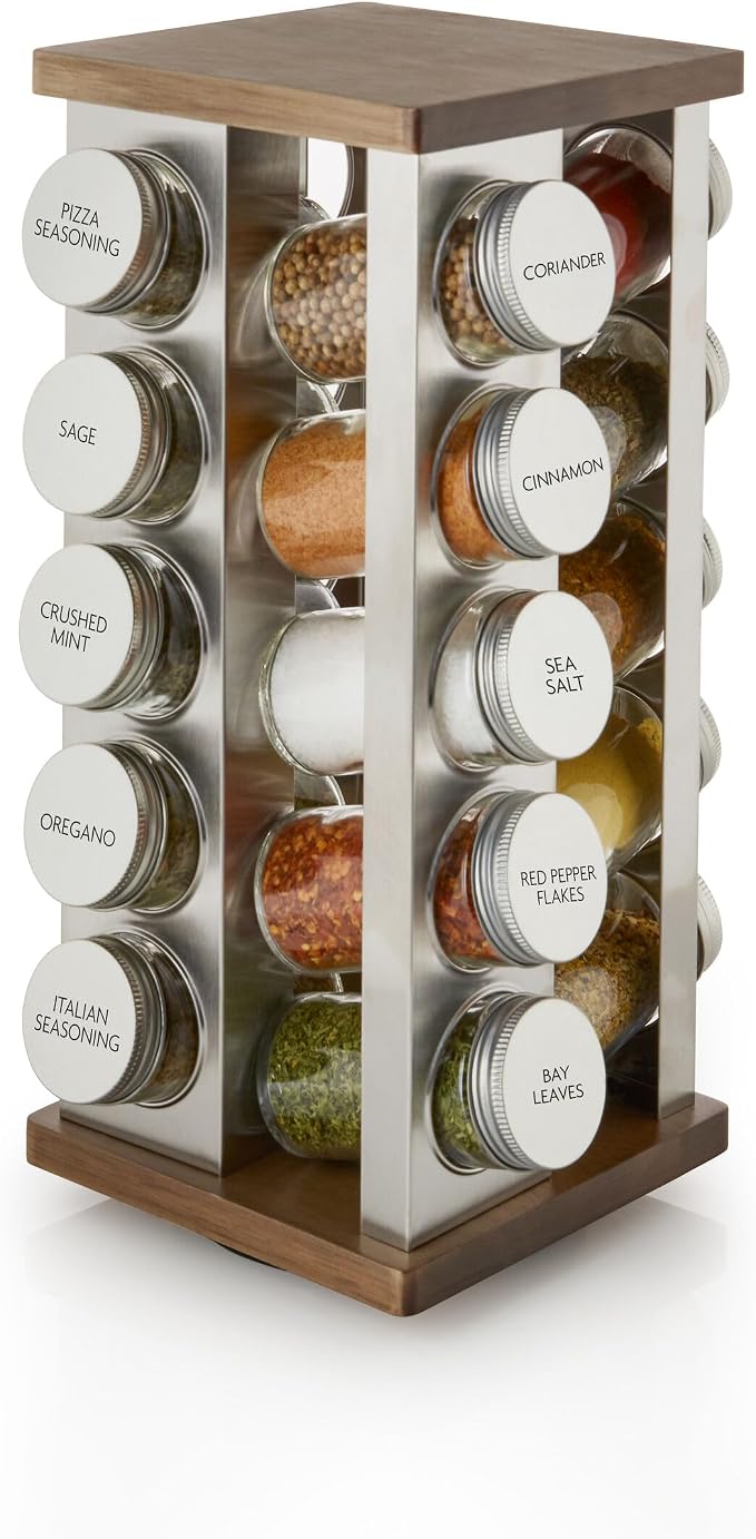 Kamenstein 20 Jar Vintage Revolving Countertop Spice Rack Organizer with Spices Included, FREE Spice Refills for 5 Years, Wood and Stainless Steel with Metal Caps by Kamenstein
