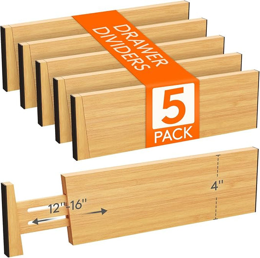 Lifewit 4" High 5 Pack Bamboo Drawer Dividers 31-40cm/12-16 Adjustable Wooden Drawer Organizer for Clothes/Utensils, Expandable Drawer Separator for Dresser/Kitchen/Bedroom/Office Organization by Lifewit