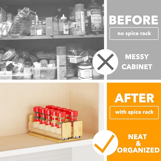 SpaceAid Bamboo Pull Out Spice Rack Organizer for Cabinet, Heavy Duty Slide Out Seasoning Kitchen Pantry Sliding Vertical Organization, 5.1" Wide, 2 Drawers(2" Wide), 1-Tier, Natural - Image 2
