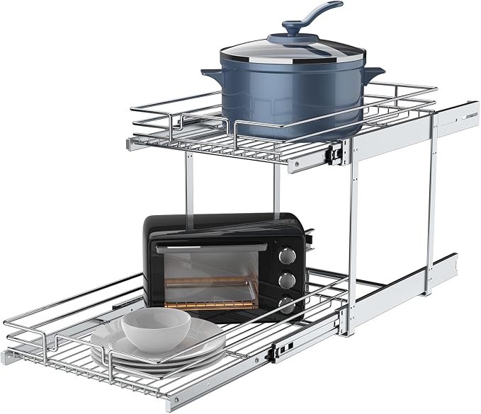2 Tier Pull Out Cabinet Organizer, 20" W x 21" D Heavy-Duty Metal Sliding Drawer Shelf for Kitchen Cabinets, Chrome, Doesn't Include Door Fittings by Pulloutor