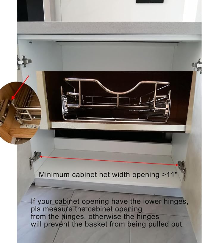 DINDON 1 Tier Pull Out Cabinet Organizer (11" W x 21" D) Heavy-Duty Metal Sliding Drawer Shelf, Slide Out Wire Basket for Kitchen Cabinets, Pantry, Bathroom, Chrome Finish… - Image 3