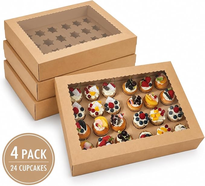 24 Count Corrugated Cupcake Boxes, 4 Pack White Cupcake Containers with Windows, Disposable Cupcake Carriers for Muffins, Treats, Pastries, 19 x 14 x 3.9 Inches (Brown, 24Count /4Pcs) - Image 2