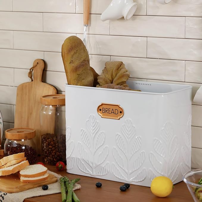 Extra Large Plant Pattern Embossed Bread Box with Bamboo Lid | Corner Breadbox for Homemade Bread, White Metal Bread Storage Container Bin for Kitchen Countertop, Fits 2 Loaves of Bread - Image 3