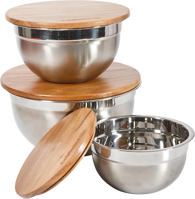 Calphalon Orbit Mixing Bowl Set, 3-Piece Stainless Steel Mixing Bowls(1.5 Qt, 3 Qt, 5 Qt) with Acacia Wood Lids & Non-Slip Base, Kitchen Prep Bowls for Mixing, Serving & Food Storage by Unknown