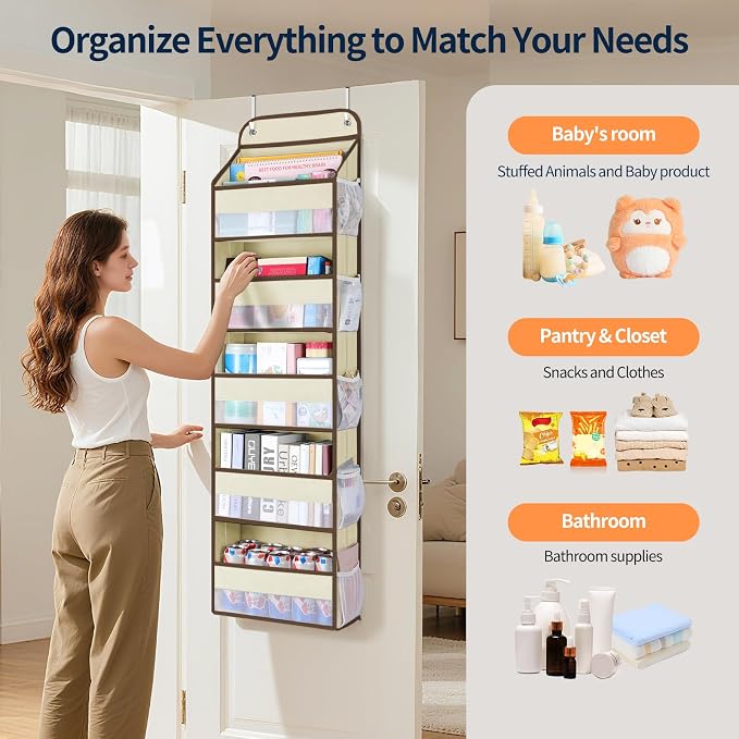Yecaye Over The Door Organizer Storage, 5-Tier Heavy Duty Door Organizers Hanging with 10 Side Mesh Pockets, 44 lbs Load Capacity Behind Door Storage for Bathroom Nursery Bedroom Dorm Closet,Beige,1Pc - Image 4