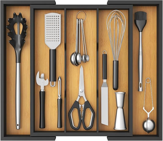 Lifewit Utensil Organizer for Kitchen Drawer, Expandable Cooking Utensil Tray, Cutlery Silverware Flatware Holder, Wood Adjustable Spatula Tools Storage Divider, 33 -56x38cm, Natural and Black by Lifewit