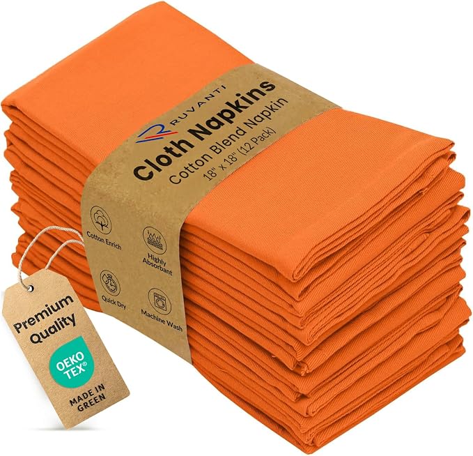 Ruvanti Cloth Napkins Set of 12, 18x18 Inches Napkins Cloth Washable, Soft, Durable, Absorbent, Cotton Blend. Table Dinner Napkins Cloth for Thanksgiving, Halloween Dinners Parties - Orange/Fall by Ruvanti