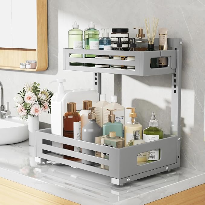 2 Pack Under Sink Organizer,Pull Out Cabinet Organizer With Smooth Cylindrical Rail,Metal Slide Out Drawer for Kitchen Bathroom Laundry Cabinet,8-Level Tool Free Height Adjustable-Gun Gray - Image 5