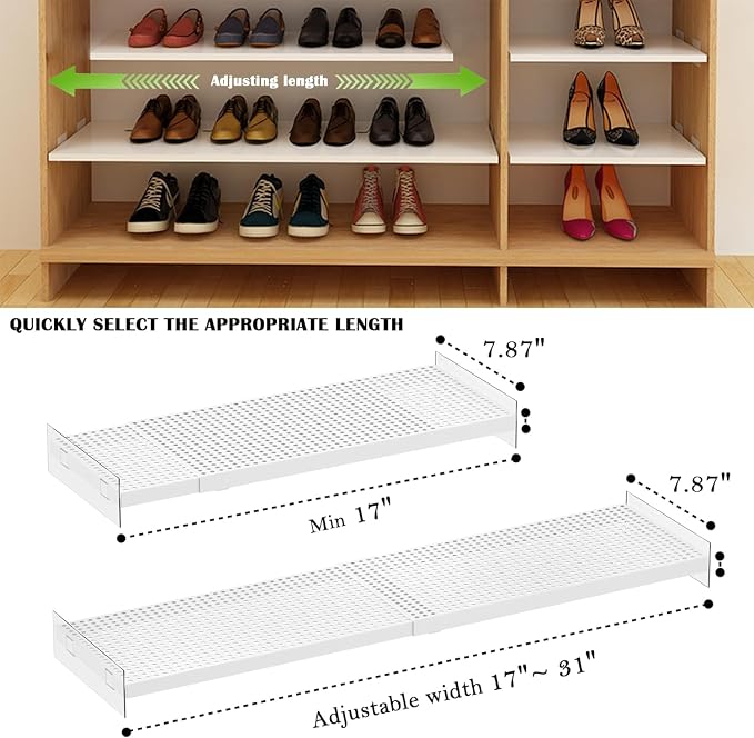 Expandable Closet Tension Shelves, 3 Packs Metal Storage Racks Organizer,DIY Perforated Dividers Separators for Cabinet Wardrobe Cupboard Kitchen (White,7.9" D x 17"-31" W,3PCS) - Image 3