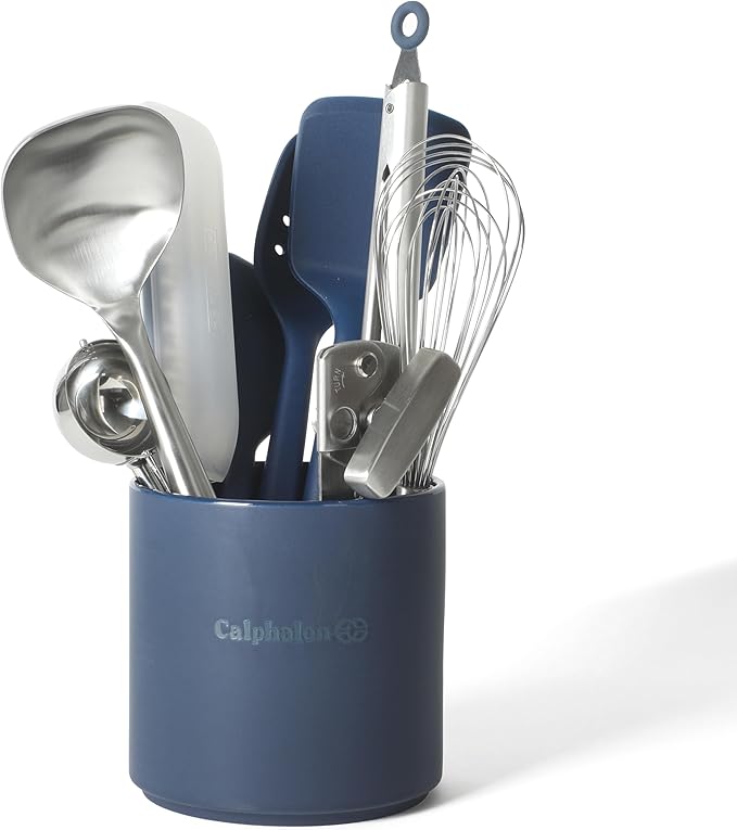 Calphalon Edge 10-Piece Kitchen Utensil Set with Crock, Stainless Steel and Silicone Cooking Tools, Nonstick-Safe Utensils with Comfortable Handles, Navy Blue by Unknown