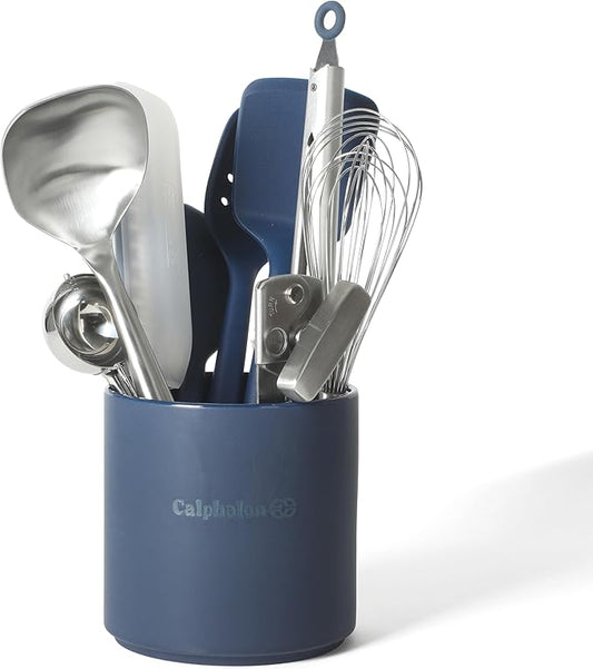 Calphalon Edge 10-Piece Kitchen Utensil Set with Crock, Stainless Steel and Silicone Cooking Tools, Nonstick-Safe Utensils with Comfortable Handles, Navy Blue by Unknown