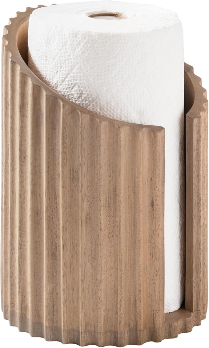 Anji Mountain Wooden Paper Towel Holder with Metal Holder, Holder Stand for Kitchen Roll Organizer & Kitchen Dining Table Home Décor, Countertop Fits Jumbo & Mega Rolls - Biscotti/Nickel, Fluted - Image 2