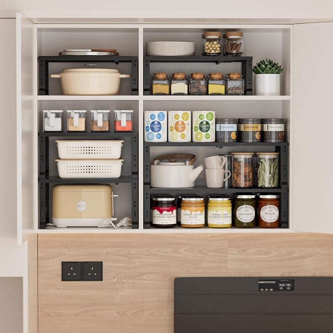 Heavy-Duty Adjustable Metal Shelf Organizer - Expandable & Stackable Pantry Storage Rack for Kitchen, Bathroom, RV, Cabinets(3 Packs/Black, Medium) - Image 4