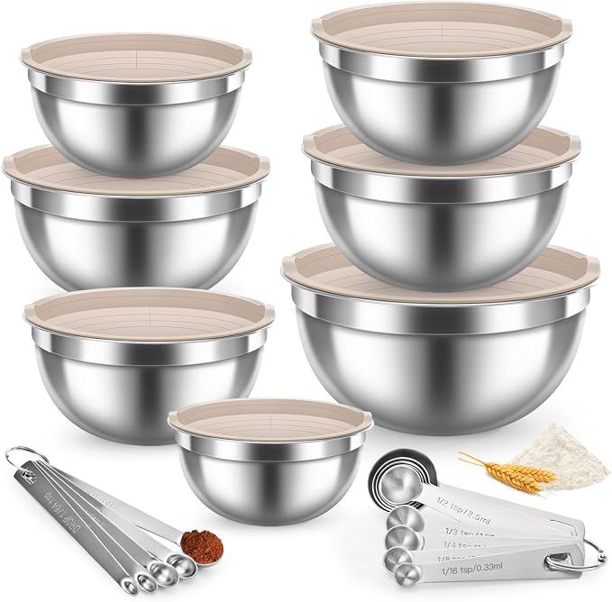21PCS Mixing Bowls with Lids Set, 7 Mixing Bowls & 14 Measuring Spoons, Stainless Steel Nesting Bowls for Baking & Cooking Prepping Space Saving Storage, Kitchen Essentials, 0.6-5.5QT by YUNNKEEY