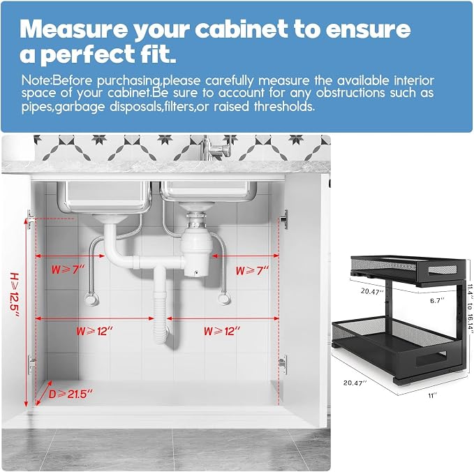 2 Pack 20.47IN Depth Under Sink Storage Organizer, Large 2-Tier Elegant Mesh Pull Out Shelf for Kitchen and Bathroom Cabinet Organization, L-Shaped and Adjustable Height Design-Black - Image 2