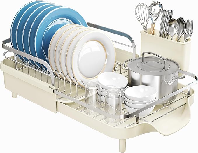 SNTD Expandable Dish Drying Rack for Kitchen Counter, 15.2-22.1 in, Beige | Rust-Resistant Stainless Steel, Protective Side Rails, Self-Draining Drainboard, Removable Utensil Holder - Image 8