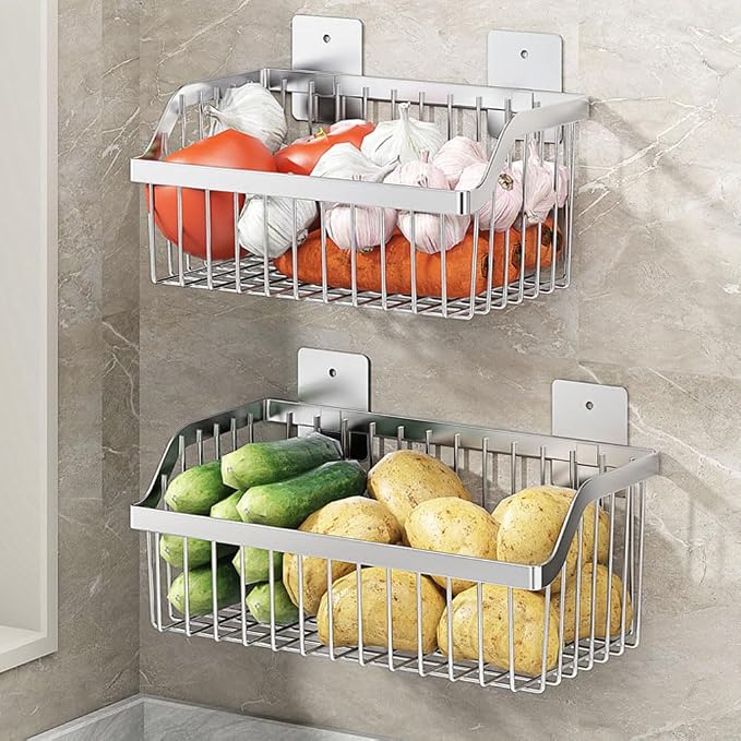 2 Set Fruit Basket for Kitchen, Pantry Kitchen Organizers and Storage, SUS304 Stainless Steel Wire Wall Basket, Onion Potato Vegetable Storage for Countertop Floor Cabinet Shelf - Image 5