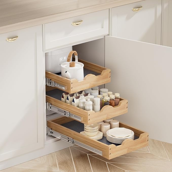 DINDON 3 Tier Pull Out Cabinet Organizer 11” W X21” D Slide Out Wood Drawer With Shelf Liner For Kitchen Pantry Organization - Image 4