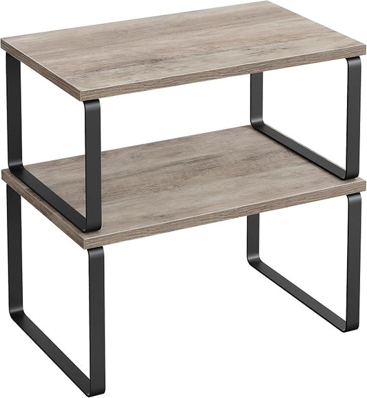 SONGMICS Cabinet Organizer Shelf, Set of 2 Kitchen Counter Shelves, Kitchen Storage, Spice Rack, Stackable, Expandable, Metal and Engineered Wood, 11.7 Inches, Ink Black and Heather Greige UKCS020X02 by Unknown