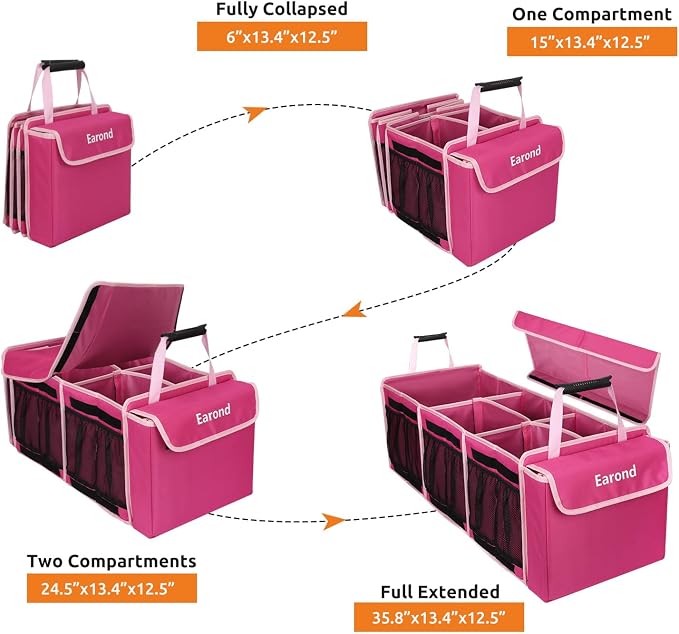 Collapsible Trunk Organizer with Insulated Leakproof Cooler Bag,Removable Lid,Adjustable Securing Straps,3 Compartments Trunk Organizer for SUV,Truck,Sedan(Pink) - Image 5