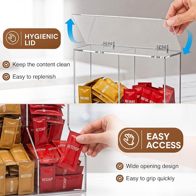 1 Pcs Divided Condiment Bin with Lid 2 Compartment Condiment Packet Organizer Sugar Packet Wrapped Candy Caddy Clear Acrylic for Bakery Restaurant Retail Stores, 8.5" W x 4" D x 12.25" H - Image 5