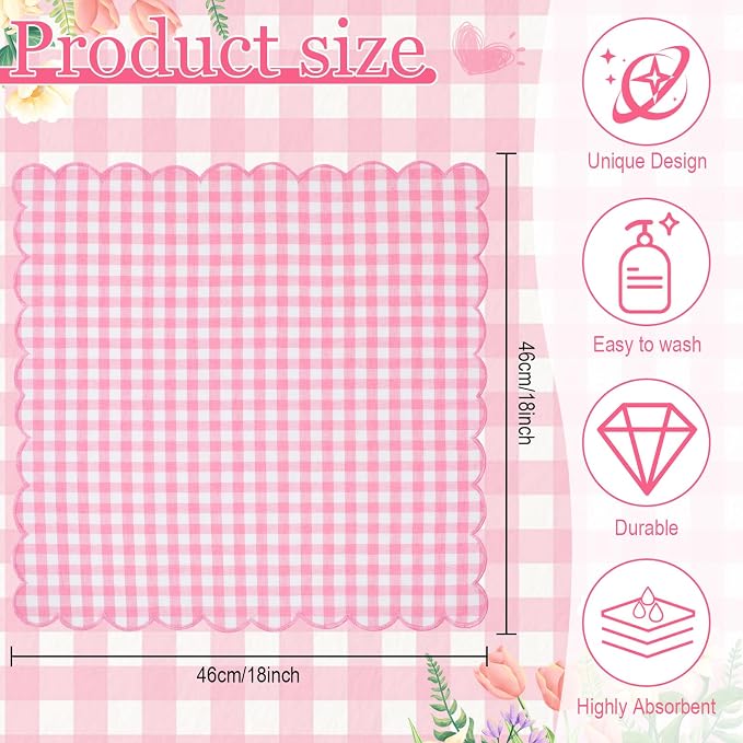 SmoothNovelty 12 Pack Buffalo Plaid Cloth Napkins 18x18 Inch Checkered Cloth Napkins Scalloped Soft Cotton Table Mat Washable Reusable for Dinner Wedding Holiday Birthday Parties (Classic,Pink) - Image 2