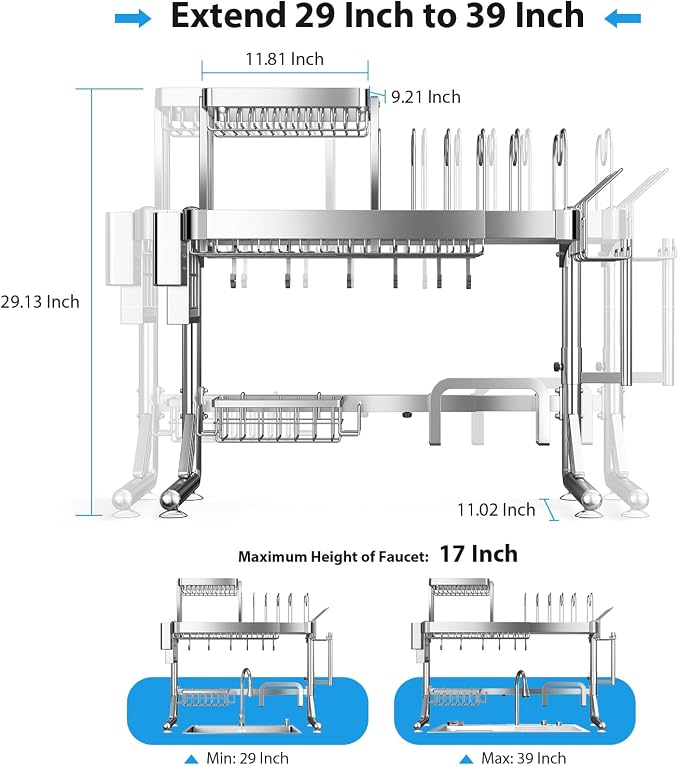 Over Sink Dish Drying Rack, Upgrade 2.5-Tier 304 Stainless Steel Dish Rack Adjustable Length with Pots and Pans Rack, Modern Over The Sink Dish Drainer Rack for Kitchen Storage Counter Organizer - Image 2