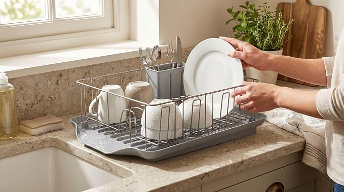 Farberware Classic 3-Piece Dish Drying Rack Set, Gray - Rust-Resistant Dish Rack for Kitchen Counter with Self-Draining Board and Flatware Caddy - Image 7