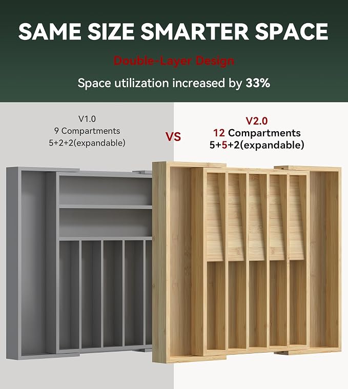 Expandable Silverware Drawer Organizer for Utensil,Bamboo 12 Slot | 13"-20"W x16.7"D x 1.97“H, Vertical Storage,Kitchen Cutlery Tray Dividers for Spoons Forks Knives - Image 5
