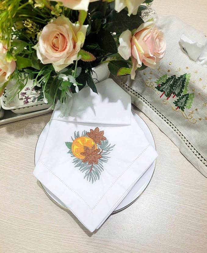 Embroidered Cloth Napkins, Set of 6 – Pine Cone, Orange & Palm Leaf Design – 20x20 Hemstitch Cotton Table Napkins – Machine Washable, Holiday & Everyday Use, Great Gift Idea - Image 7