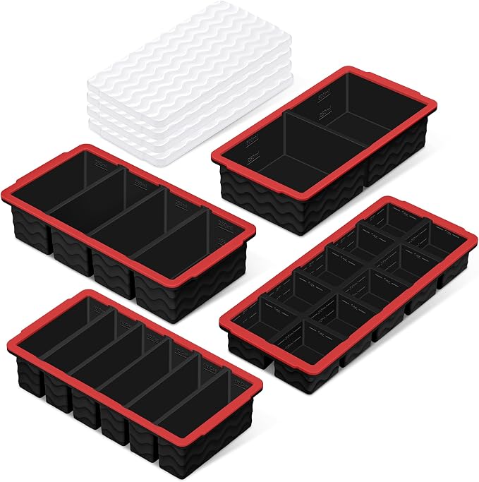Silicone Freezer Trays with Lid (4-Pack), 1-Cup, 2-Cup, 1/2-Cup & 2-Tbsp Silicone Freezer Molds, Stackable Soup Freezer Meal Prep Containers,Ice Cube Tray for Making Sauce,Smoothies,Yogurt Bites by Doasuwish