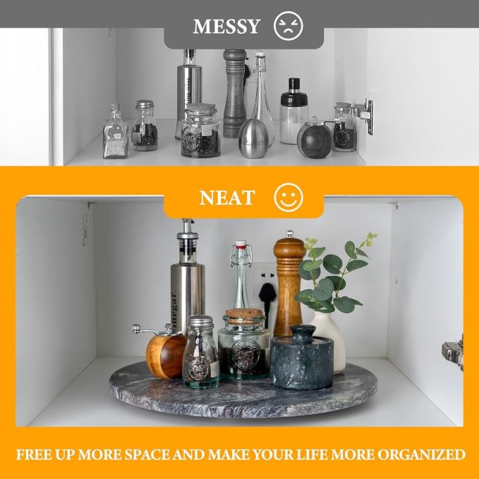 16'' Luxurious Natural Marble Lazy Susan Marble Turntable for Kitchen Dinning, Lazy Susans Organizer for Cabinet, Serving Rotation Spinning Tabletop Organizer Swiveling, Spice Rack Storage - Image 6