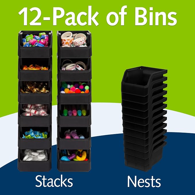 Extra-Small Stackable Plastic Storage Bins, 12-Pack, Black | Open-Front Stackable Bins For Garage, Pantry, Closet & Office, 5"L X 4"W X 3"H, Nests When Empty, Durable Plastic, - Image 3
