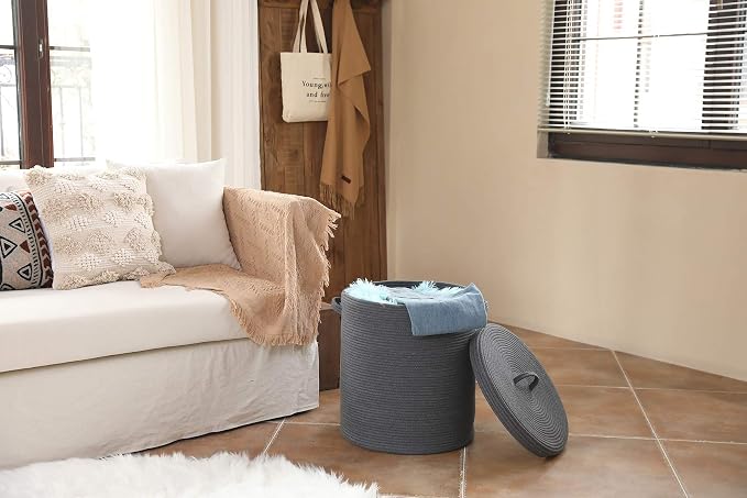 16x18 Inch Extra Large Round Cotton Rope Storage Basket with Lid, Decorative Woven Bin with Cover for Living Room Bedroom Closet, Dark Grey - Image 4
