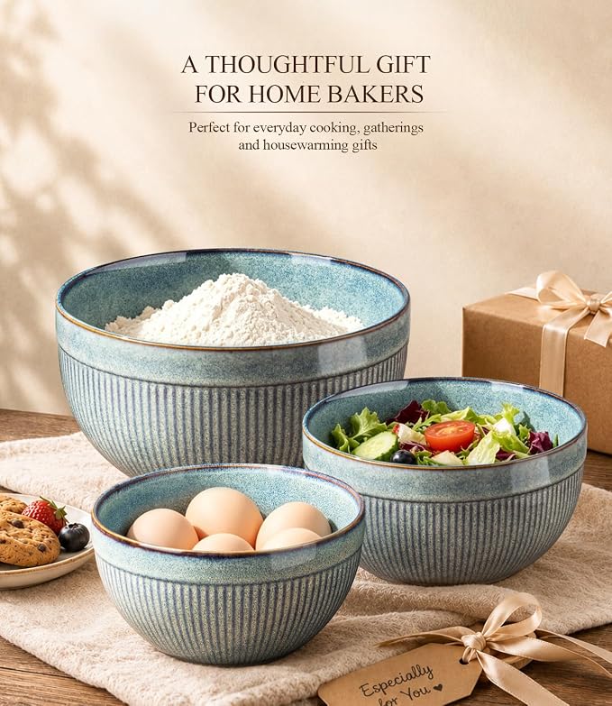 GBhome Ceramic Mixing Bowls Set of 3, Stoneware Nesting Serving Bowls, | 45/90/150 oz For Prep, Baking, Serving, Gift, Microwave and Dishwasher Safe, Ribbed Dishware Collection,Ceylon Blue - Image 7