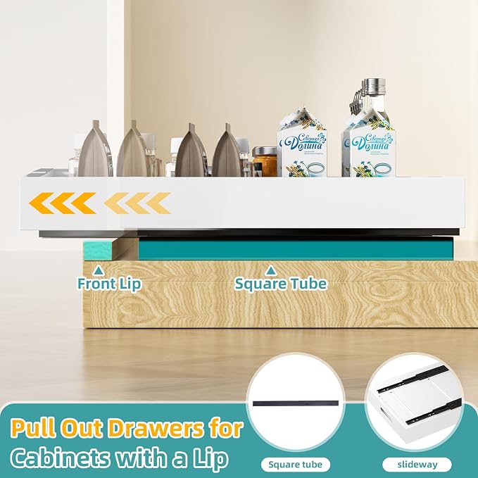 HBL' 2 Pack | 21" Deep Pull Out Cabinet Organizer Adhesive, (13.8" to 22.0") Width Expandable Sturdy Carbon Steel Roll-Out Drawers, Designed for Frameless Cabinets, Slide-Out Shelves for Pantry. - Image 5